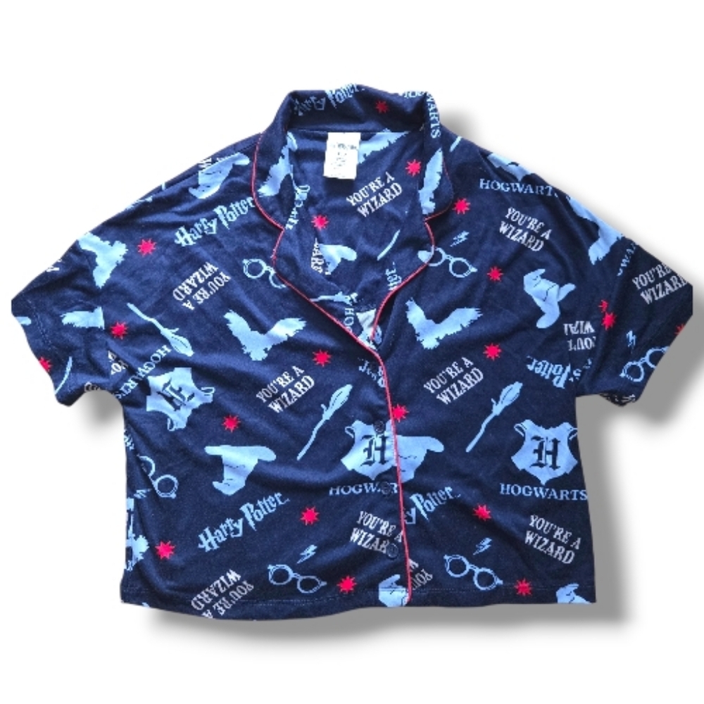 Harry Potter Cropped Pajama Top Women’s XS PJs, Hogwarts Graphics, Dark Blue Red